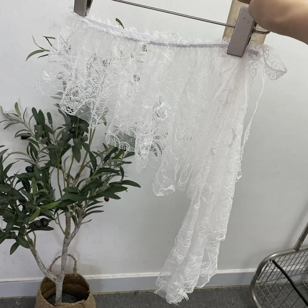 Embroidered Flower Lace Mini Skirt See Through Irregular Ruched Skirts Harajuku High Waist Lace Up Ruffles Skirt