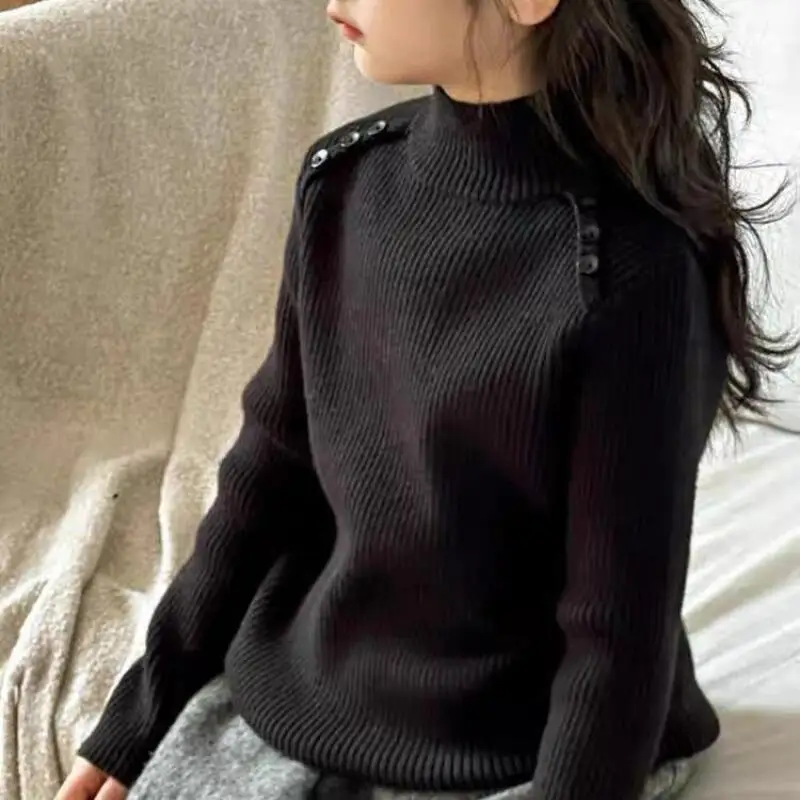 الفتيات الخريف الشتاء محبوك سترة الصلبة طويلة الأكمام قمم الوقوف طوق البلوز مريحة قاع قمصان الأطفال الملابس #2