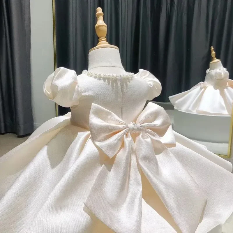 Novo bebê meninas vestido contas arco recém-nascido vestido de batismo bebê menina tutu 1st ano vestidos de festa de aniversário mangas puff roupas da criança