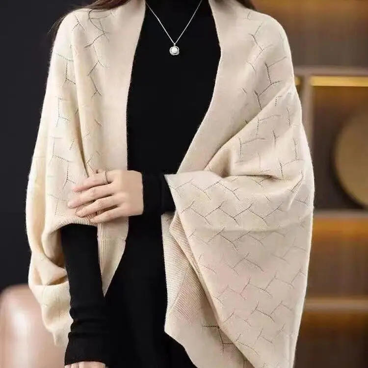 

Lambswool Knitted Shawl Scarf Two-In-One Loose Fit Autumn Winter New Style Color Versatile Outerwear Cardigan Coat
