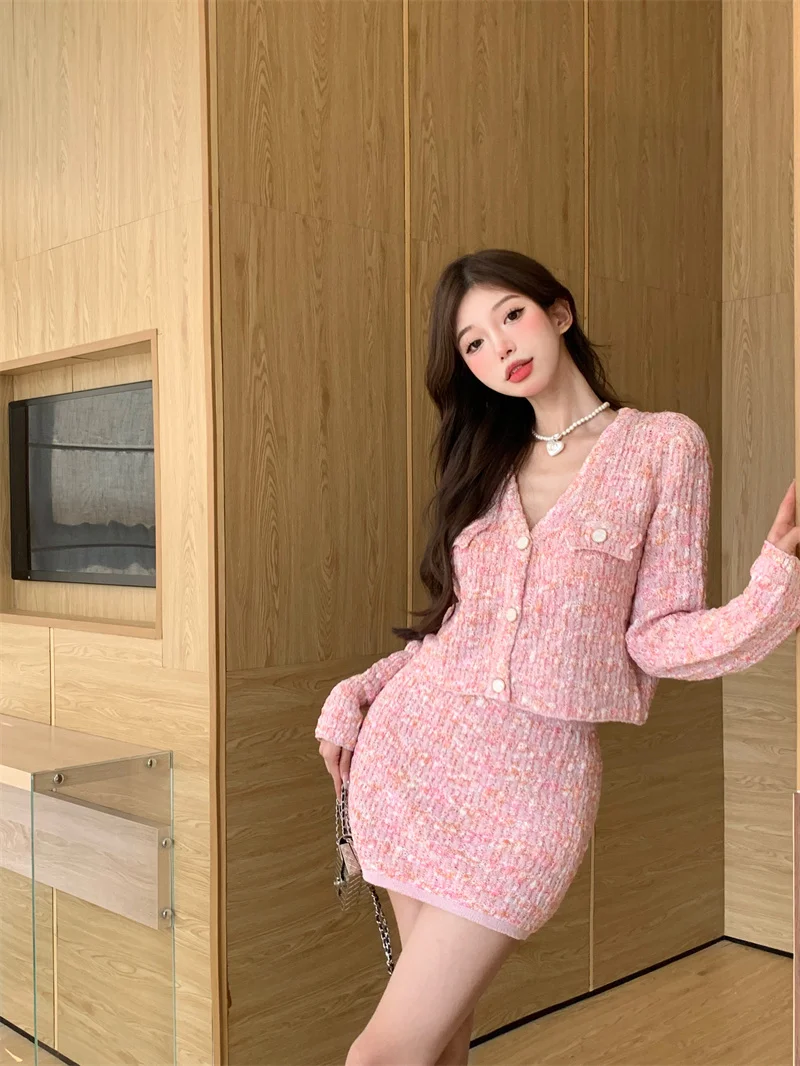 Real Shot Pink Chic Style Two-Piece Set for Women Female Office Lady, French V-Neck Knit Cardigan + Short Skirt High Quality New