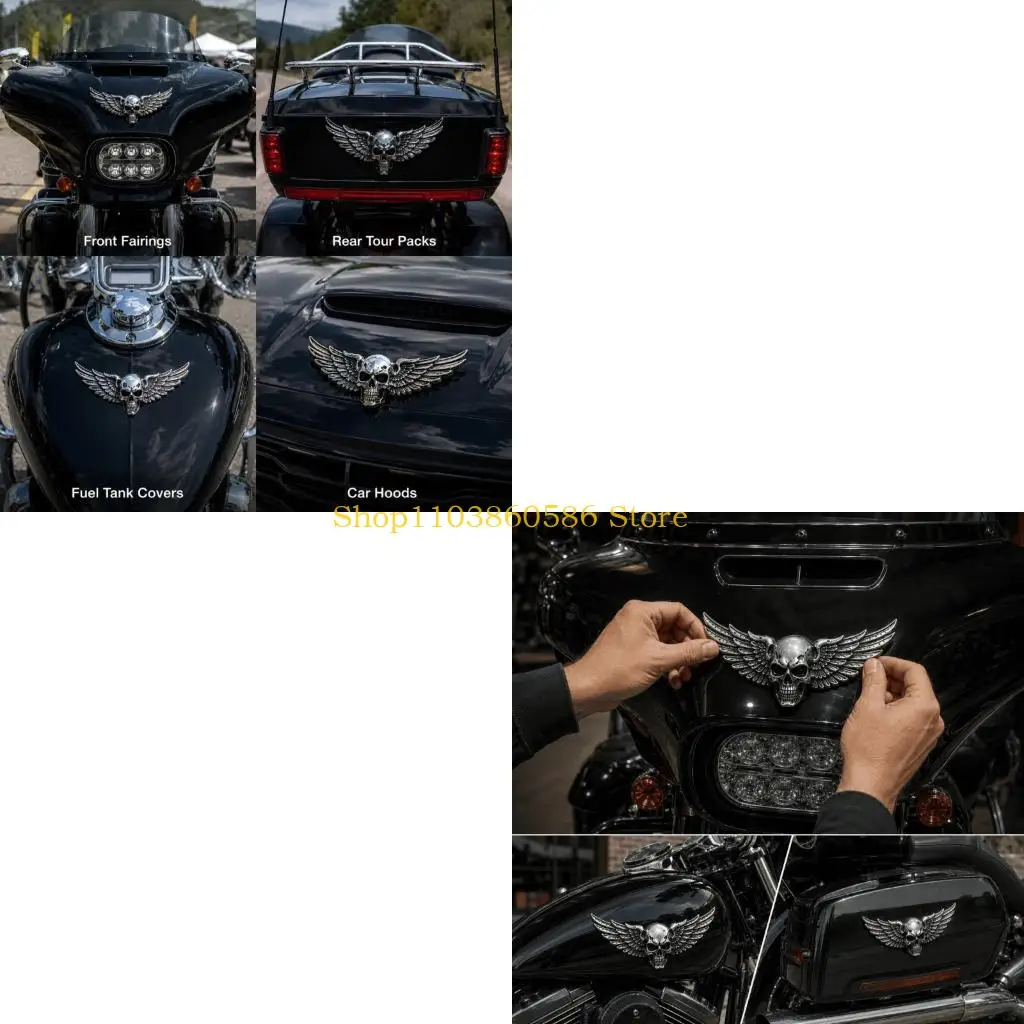 242A Adhesive-Backed Winged Skull Badge for Bike Body Trim, 3D Style Accent for Custom Garage and Display Panel Use