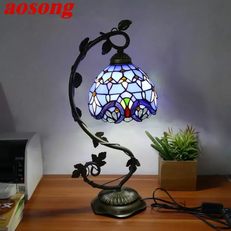 

AOSONG Tiffany Table Lamp American Retro Living Room Bedroom Lamp Luxurious Villa Hotel Stained Glass Desk Lamp