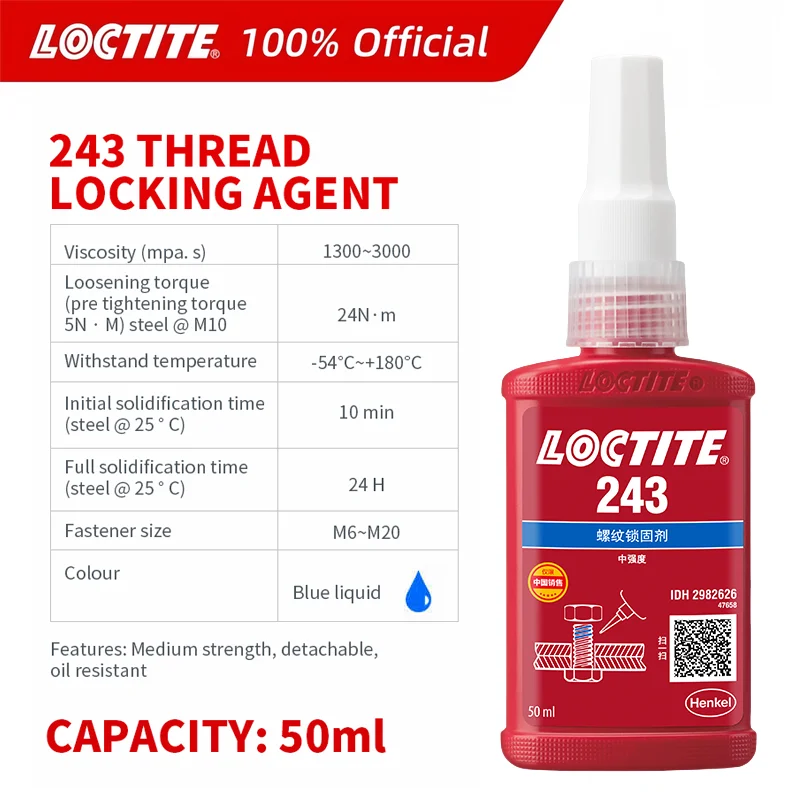 100% Originele Loctite 243 Schroefdraadborgmiddel Schroeflijm Blauw Medium Sterkte Anaerobe Lijm Schroef Fixer 10 ml/50 ml/250 ml - afbeelding 1