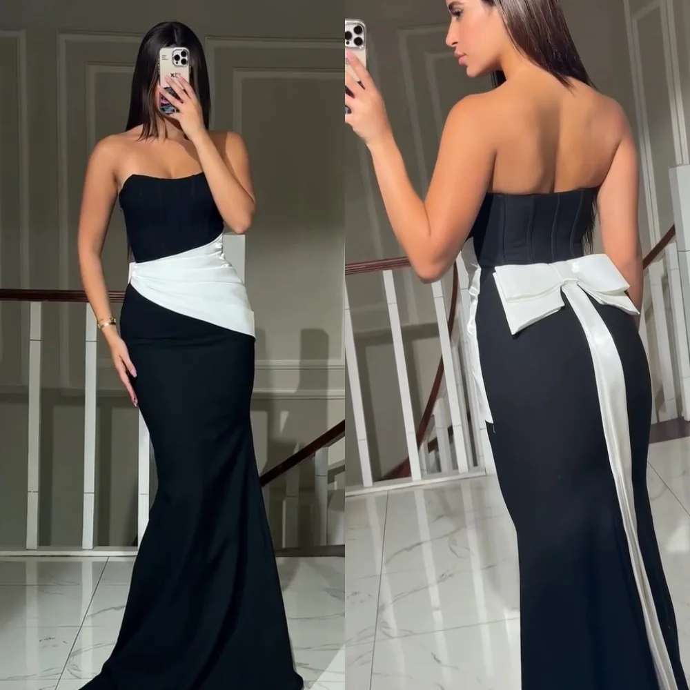 カスタマイズされた高品質のジャージプリーツボウトランペットストラップレスロングドレスオーダーメイドの機会ホームカミングクラシック中国風