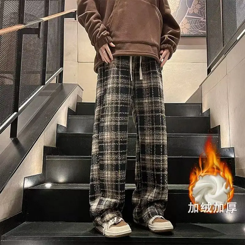 2026 Winter Fleece pants men Trendy Unfleeced Men's Plaid Casual Pants Loose Straight Warm Long Pants Mopping Trousers For Men