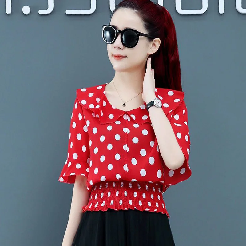 Elegante Ruffles emendado Shirring Polka Dot Blusa Roupas Femininas 2023 Verão Novo Casual Pullovers Coreano Flare Manga Camisa