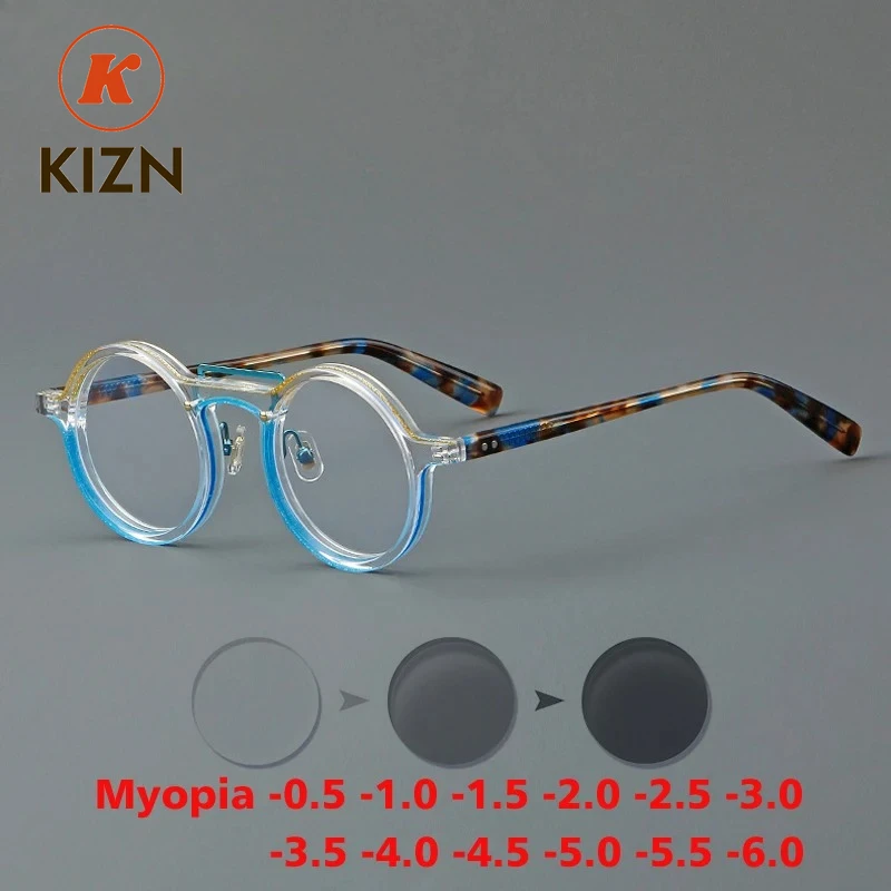 

KIZN Anti-blue Discolor Acetate Vintage Round Myopia Glasses Frame Men Women Optical Myopia Prescription Eyeglasses-0.50 ~ -6.0