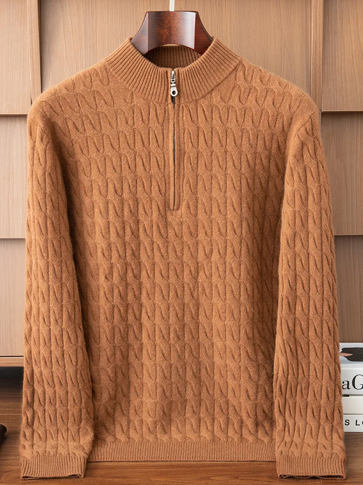 

Men Cashmere Pullover Mock Neck Zipper Sweater Autumn Winter 100% Cashmere Knitwear Thick Twist Smart Casual Long Sleeve Top