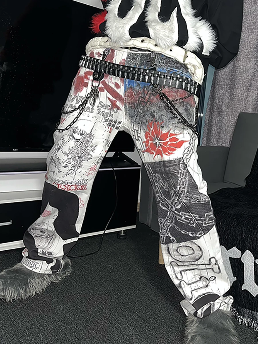 REDDACHIC Aesthetic Graffiti Print Baggy Jeans Men Vintage Wash Low Rise Denim Wide Leg Loose Straight Pants Y2k Punk Streetwear