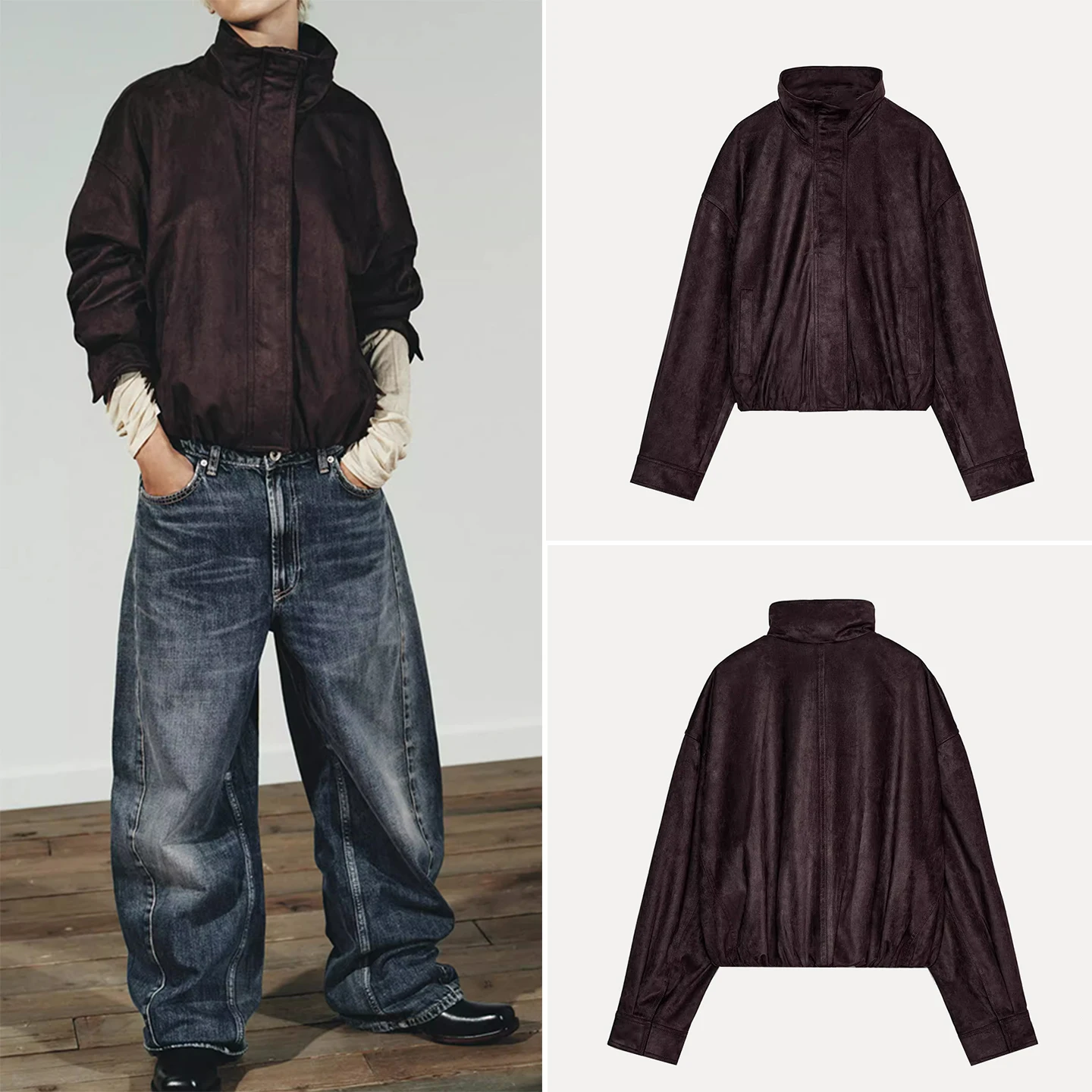 

Faionable Velvet Texture Pilot Jaet Outerwear for Women Autumn 2025 Casual Sle Stand Fit Z Brand Long Sve Zi...