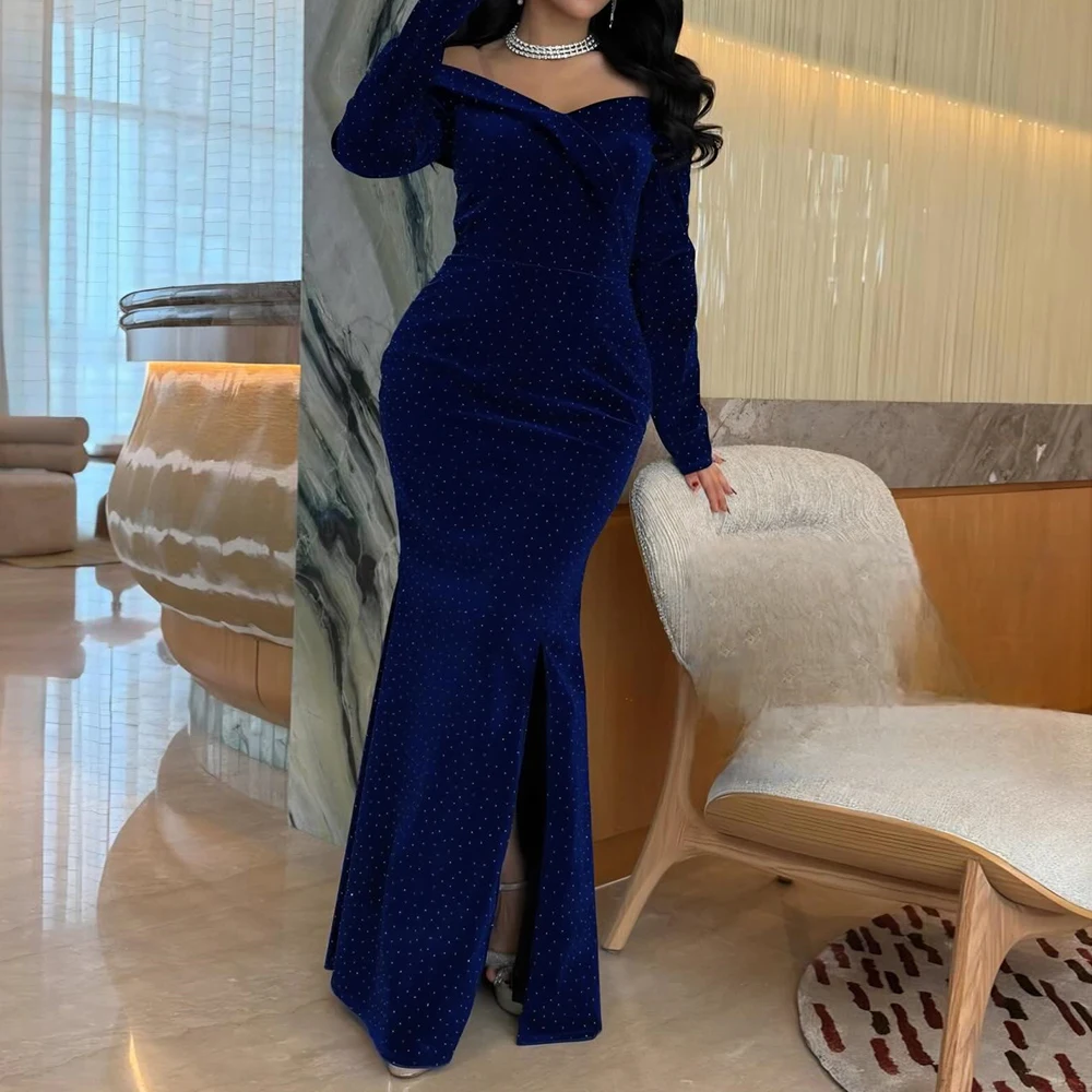 

Customized A-line Evening Dresses Floor-length Off The Shoulder Full Sleeve Prom Gown Fashion Sequined Simple Draped Party Gown