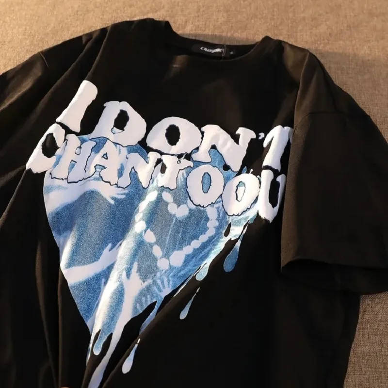 تي شيرت المرأة الكرتون الحب قصيرة الأكمام الجولة الرقبة تي شيرت المرأة شارع العليا فضفاض عادية الهيب هوب قميص المعتاد خمر نمط