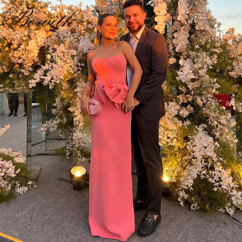 

Bowith Pink Evening Dresses Strapless Bow Floor-Length Prom Dresses Customized vestidos de fiesta for Formal Occasion