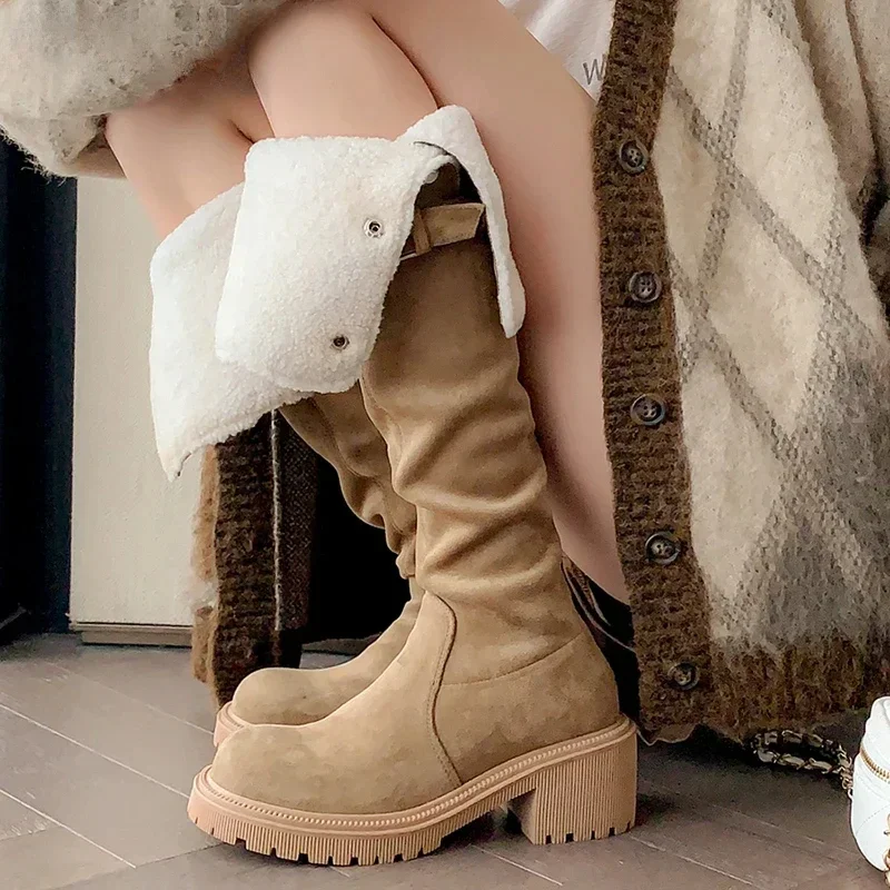 Vintage Platform Women Over The Knee High Boots Fashion Belt Buckle Shoes Autumn Winter Thick Heel Women's Long Booties