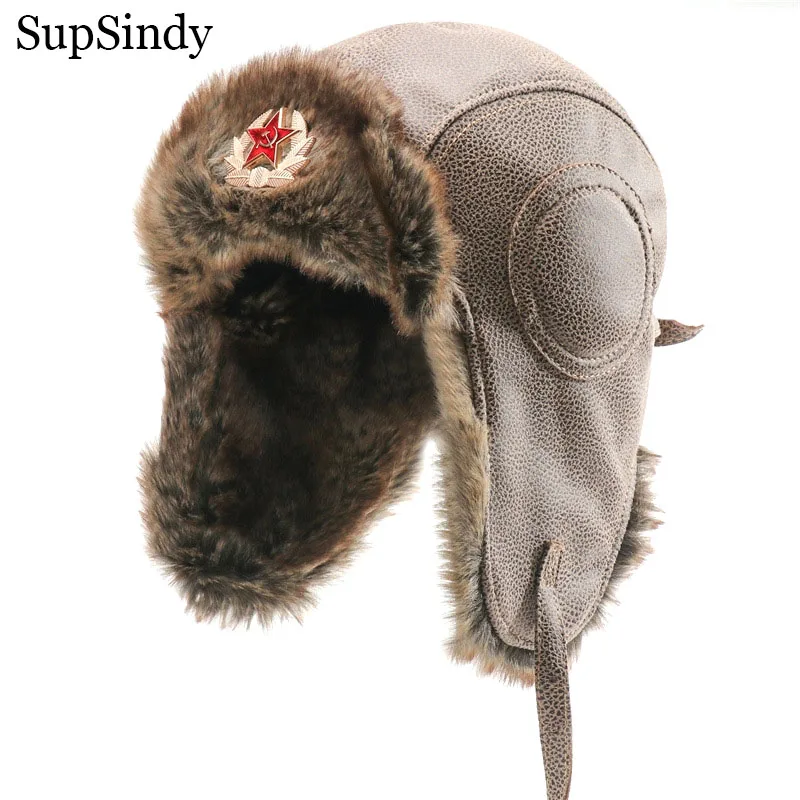 SupSindy Men Warm Winter Bomber Hats Outdoor Moto Windproof Faux Fur Pilot Earflap Hat For Women USSR Ushanka Thermal Snow Caps