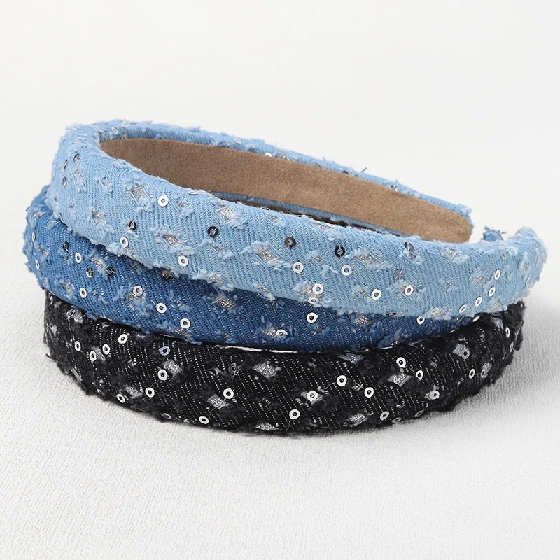 Fashionable Denim Fabric Sponge Headband for Women Retro Distressed Sequined Hairband Simple and Versatile Hair Accessories