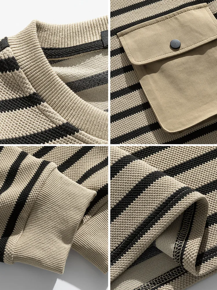 Spring and Autumn Commuting Style Men's Khaki Striped Loose Casual Simple Round Neck Long Sleeve Pocket Design T-Shirt