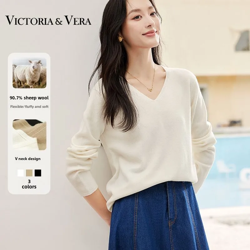 VICTORIA&VERA 2024 Autumn New Style Women's Wool Sweater High-end Cashmere Simple V-neck Long-sleeved Knitted Sweater Pullover