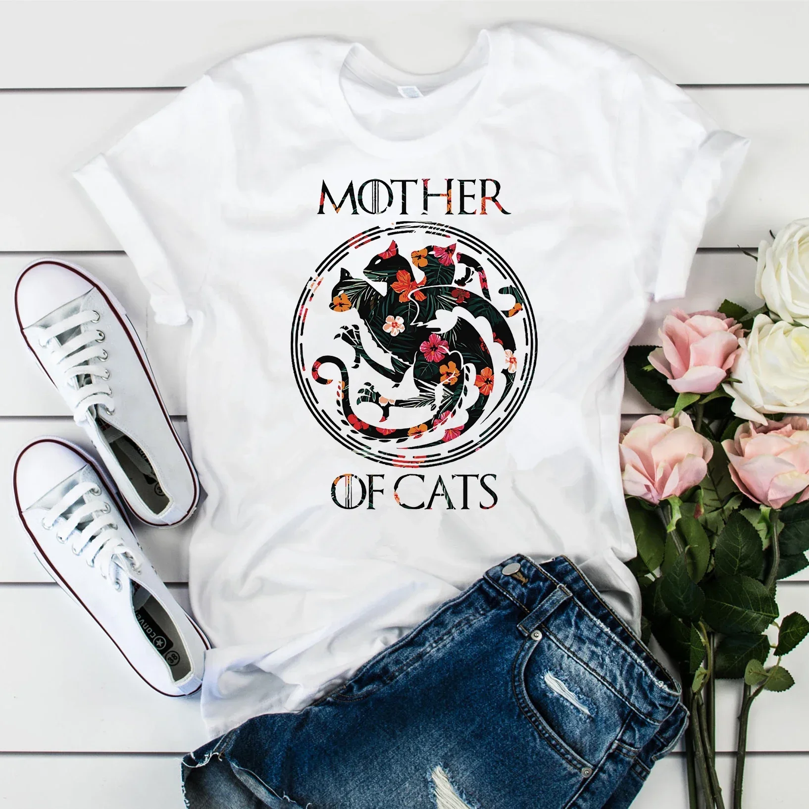 

2024 Mother Of Cats Shirt Floral GOT T-Shirt Cute Floral Cat tshirt Cat Lover Tees t shirt y2k top harajuku women clothing