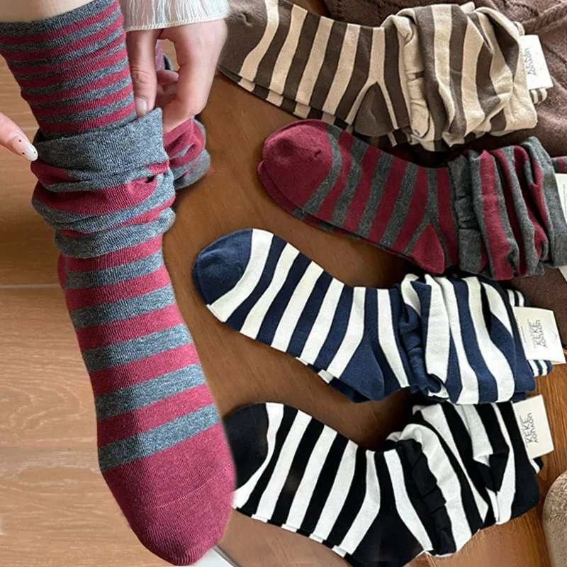 

Двухслойные носки в полоску, зимние теплые носки, женские хлопковые термобелье до середины икры, японские повседневные носки, модные носки в стиле Харадзюку