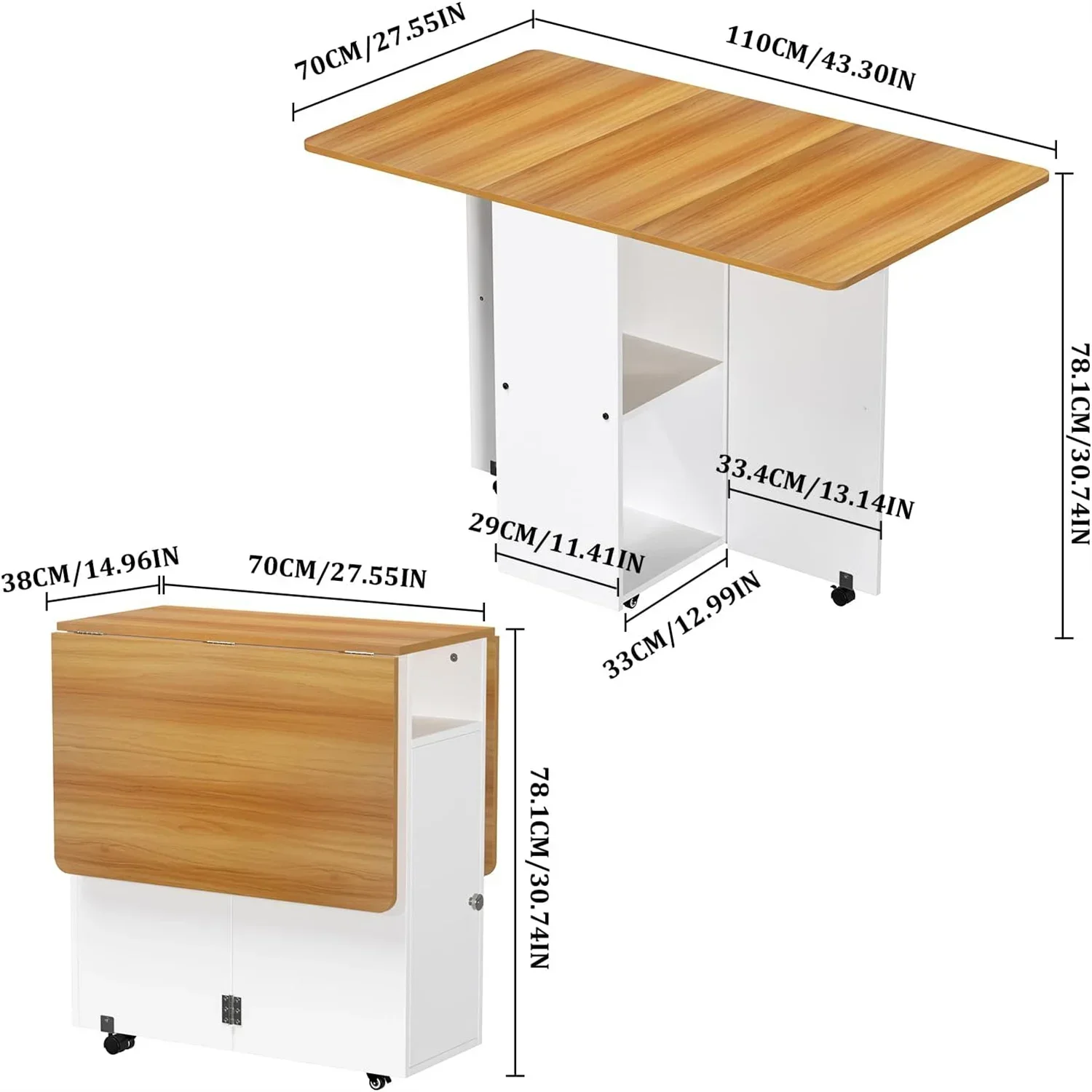 Multifunctionele, inklapbare en verrijdbare houten tafel met wielen/planken, geschikt voor keuken/woonkamer/kleine ruimtes