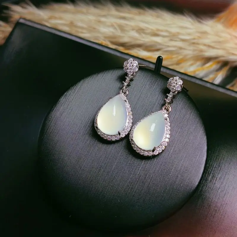 Chinese-style inlaid jadeite green chalcedony drop earrings, new Chinese-style pink chalcedony stud earrings, new Chinese-style 3