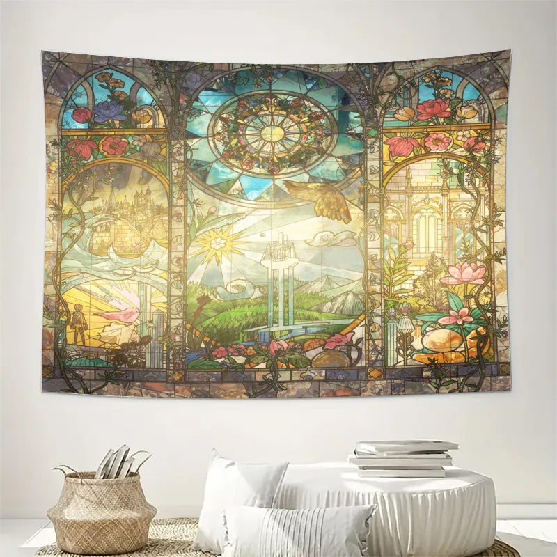 Oversized Steampunk Fantasy Tapestry Wall Hanging Vintage Victorian Stained Glass Mural Art Decor Print for Living Room Bedroom