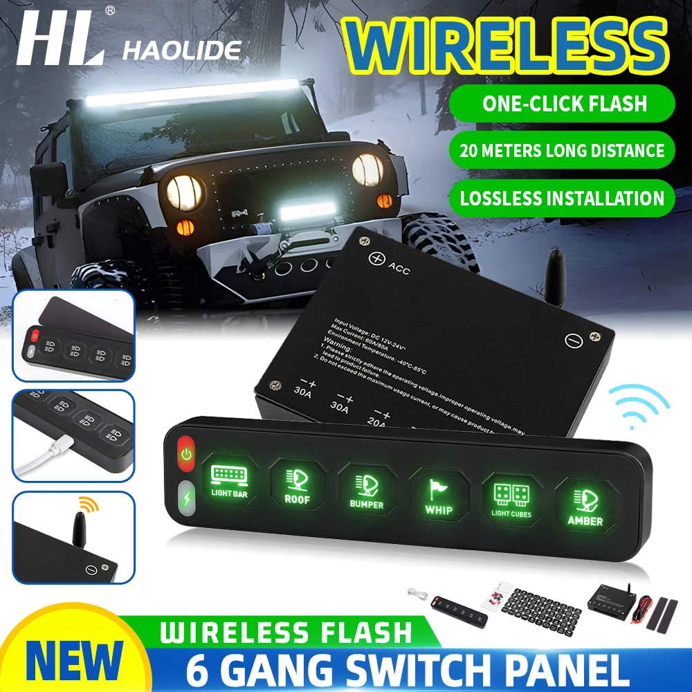 HAOLIDE 4/6/12 Gang  Wireless Switch Panel RGB Light Rocker Switches with Relay Control for Cars Truck off-road use 12V 24V