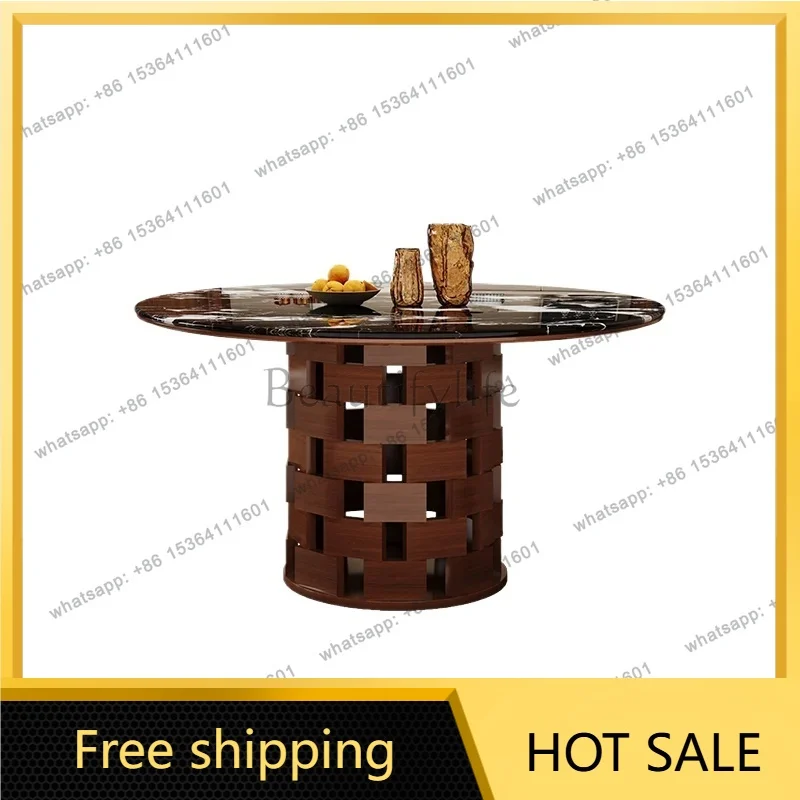 YJ French antique black marble round dining table solid wood retro luxury stone round dining table and chairs household
