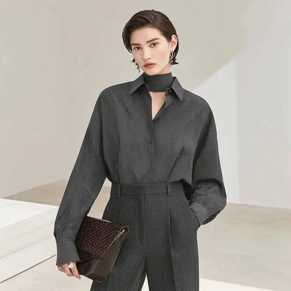 Camisa informal holgada con cuello para mujer, Top cómodo a la moda para otoño e invierno, No requiere decoración, estilo holgado