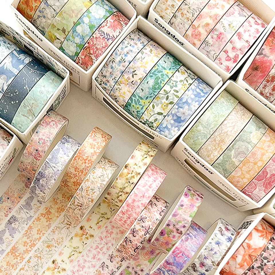 박스형 로맨틱 플라워 핸드북 테이프 5롤, 학생들을 위한 귀여운 DIY 신선한 장식용 와시 테이프, 학생들을 위한 필수 선물