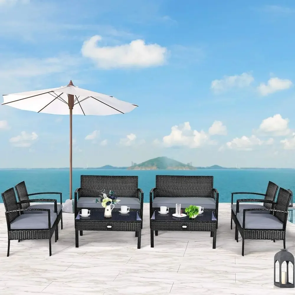 

8-Piece Outdoor Patio Furniture Set with Wicker Chairs, Gray Cushions, and Tempered Glass Table for Backyard, Balcony, or Porch