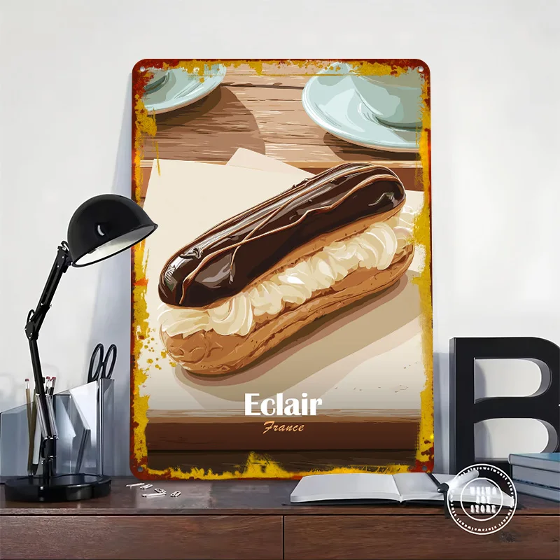 Eclair Pastry With Coffee Tin Plaque Poster Customized Wall Art Retro Vintage Metal Signs for Man Cave Home Decor Wand Deko Room