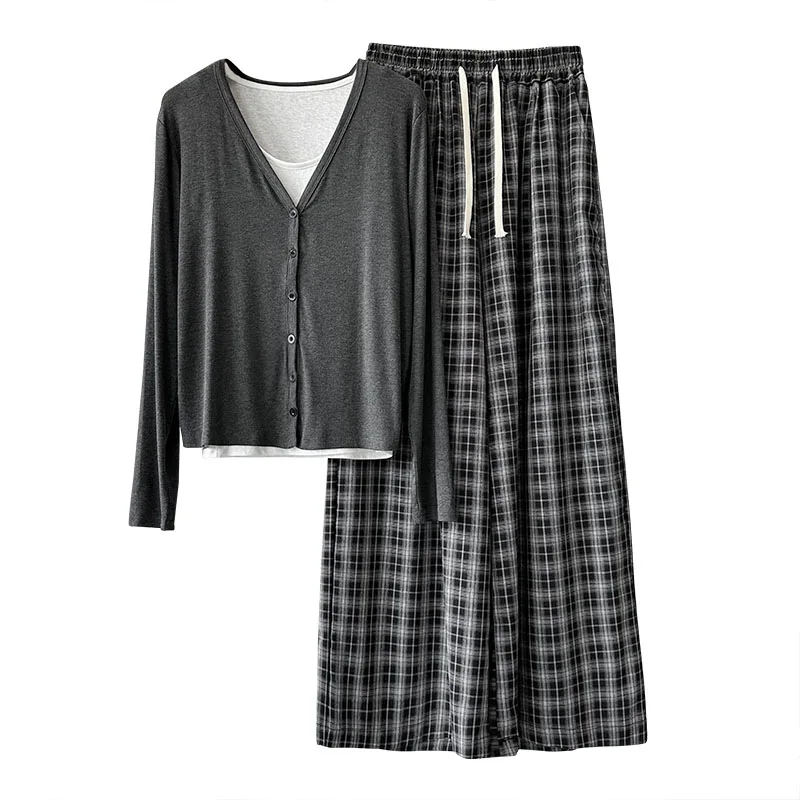 

Lounge Wear 3PCS Set for Women 2025 Summer Korean Lazy Style Sunscreen Coat+Small Tank Top+Casual Checkered Wide Leg Pants Set