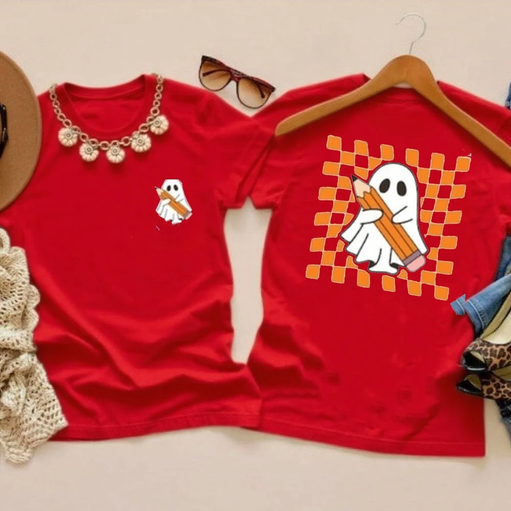 ハロウィン教師シャツかわいいゴースト教師ハロウィンシャツ、不気味な教師トップスオールハロウィンデイシンプルスタイル女性Tシャツ