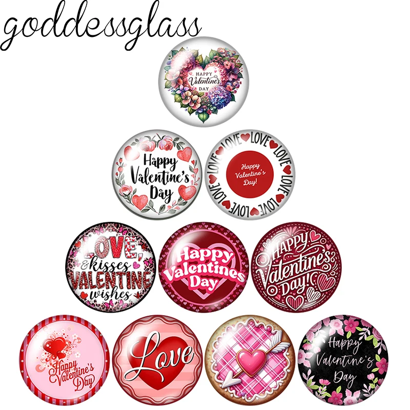 Happy Valentine's Day Love Hearts Flowers Kiss 12mm/18mm/20mm/25mm Round photo glass cabochon flat back Making findings Jewelry