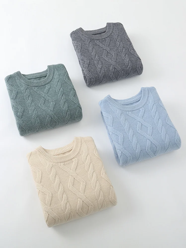 

New Men's O-Neck Pullover Autumn Winter 100% Merino Wool Knitted Sweater Thick Cable Stitch Business Soft Warm Clothing Tops