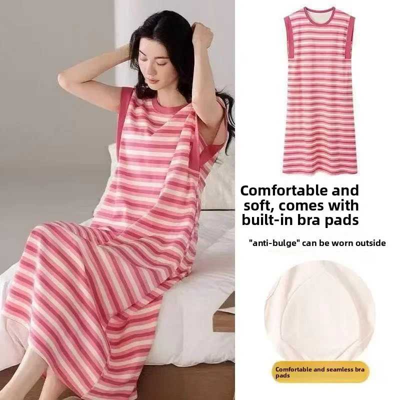 Neues Damen-Freizeitkleid für den Sommer mit BH-Polster, Schlafkleid, Pyjama für Mädchen, kurze Ärmel, knielang, Loungewear, Homewear, Damen-Schlafkleid mit Rundhalsausschnitt.