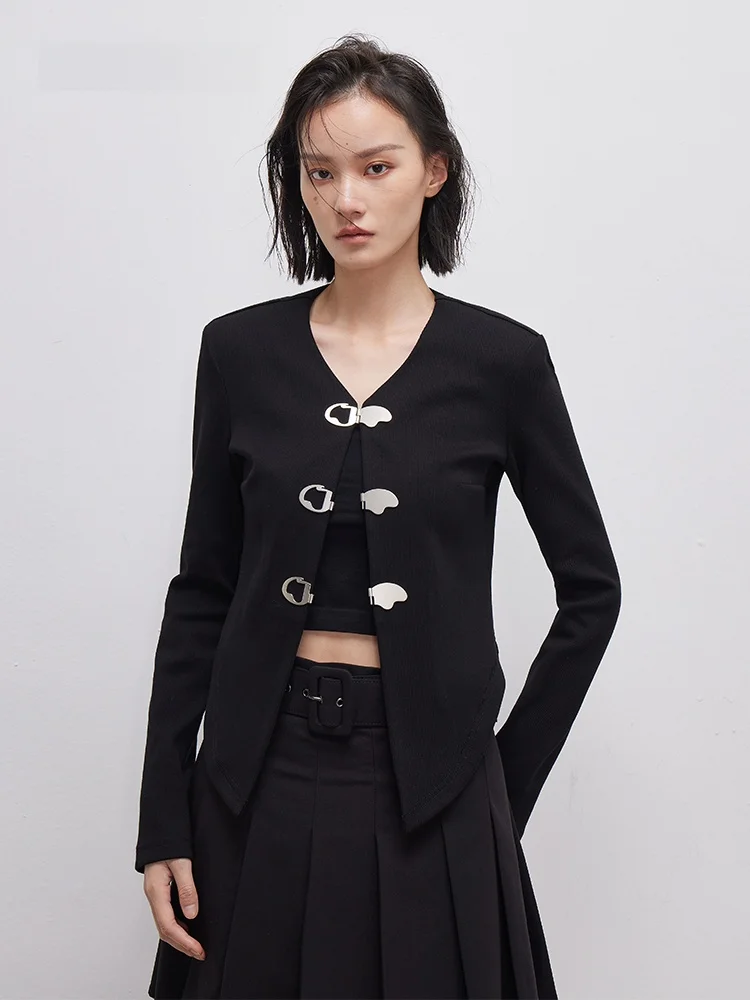 

Spring New Sle XMOOM Metal Bule Hem Arc Difference No Collar Knitted Sweater Women's Busin Casual Long Sve Slim Fit