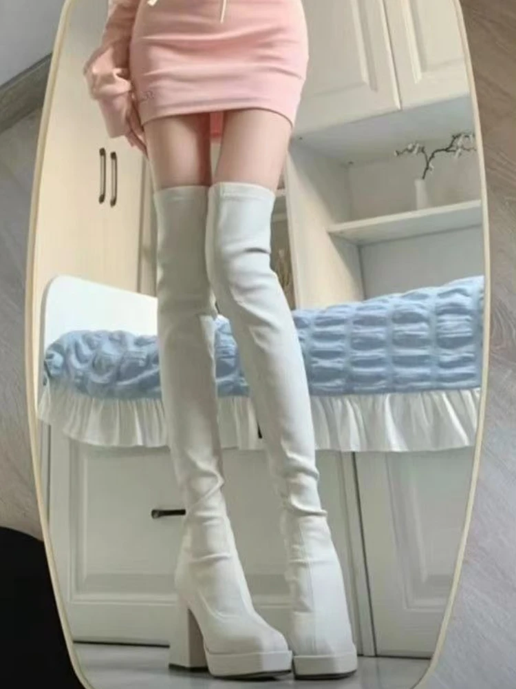 

2025 Women Anime Cosplay Square Toe Height Increasing Boots 12cm Stretch Zipper Over The Knee Boots for Petite Thick Sole Beige