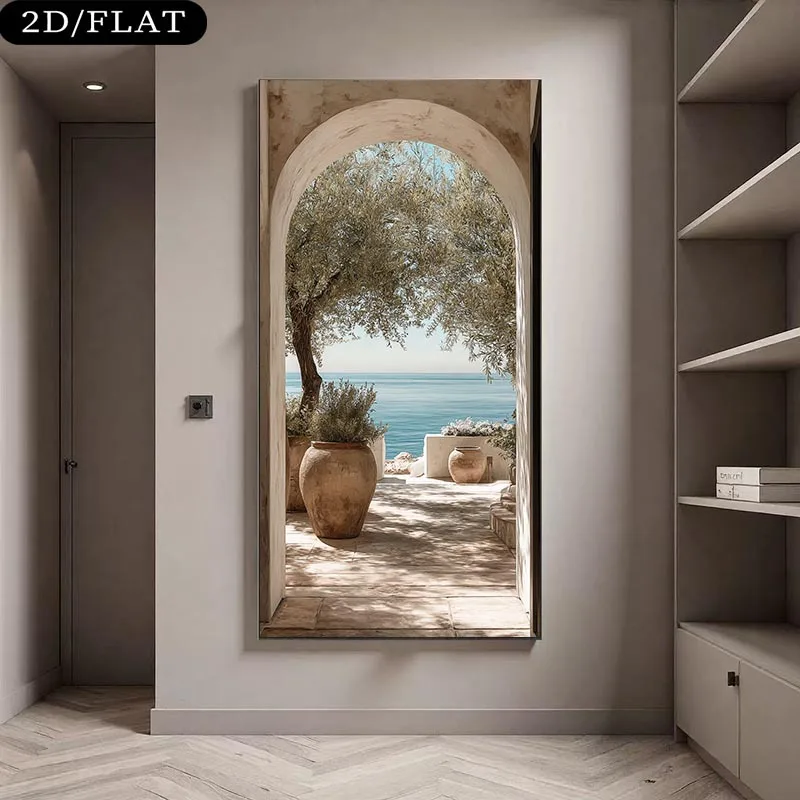 

2D Flat Large Frameless Olive Tree Archway Canvas Wall Art Painting Minimalist Mediterranean Canvas Prints for Living Room Decor