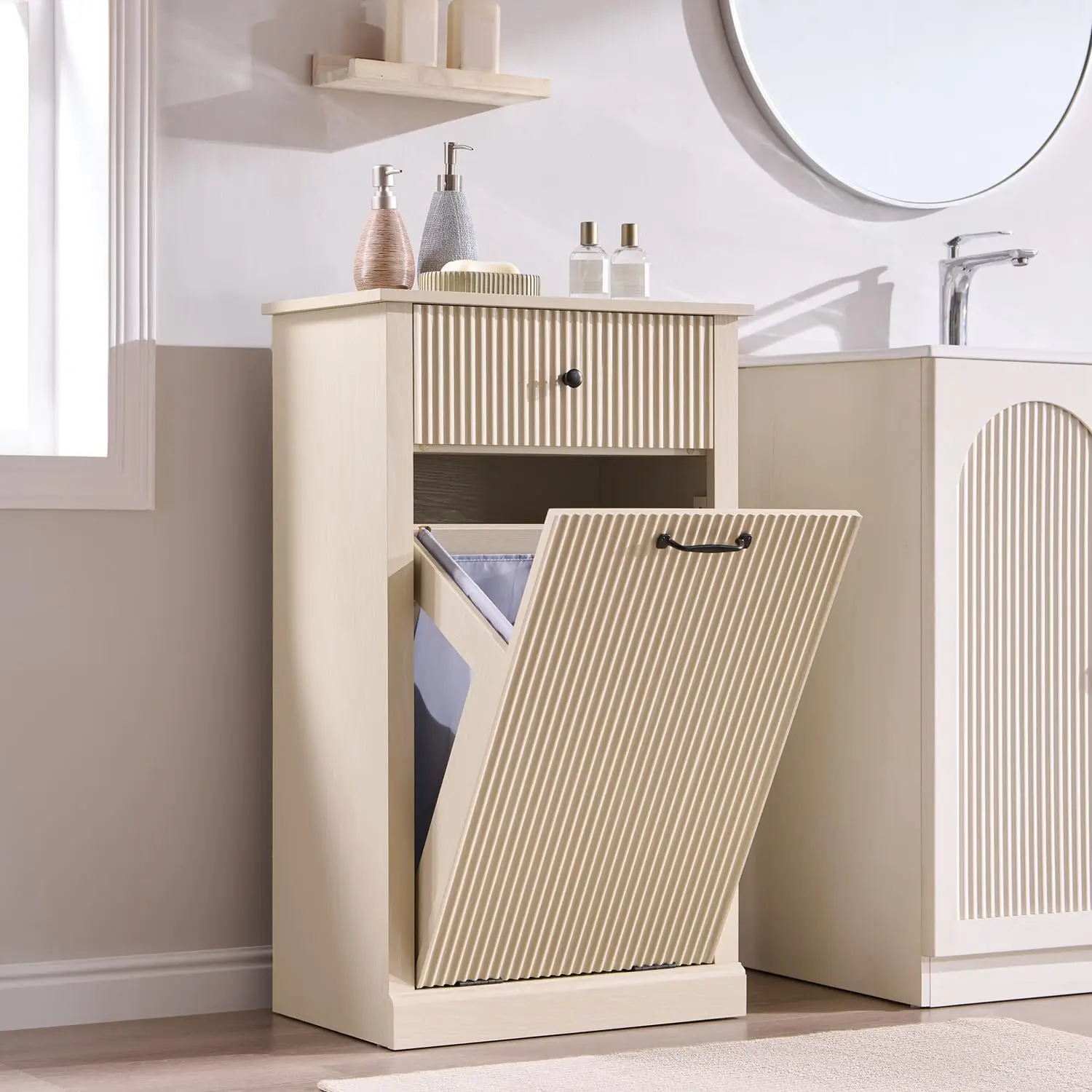 Tilt Out Laundry Hamper Cabinet w/Drawer, 10 Gallon Fluted Wooden Hidden Trash Can for Bathroom & Kitchen, Customized