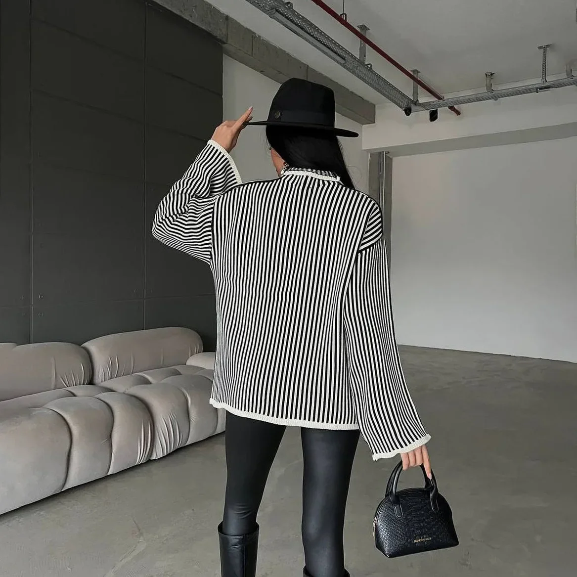 Vertical Striped High Neck Lazy Style Front and Back Two Wearing Flared Sleeve Knitted Sweater