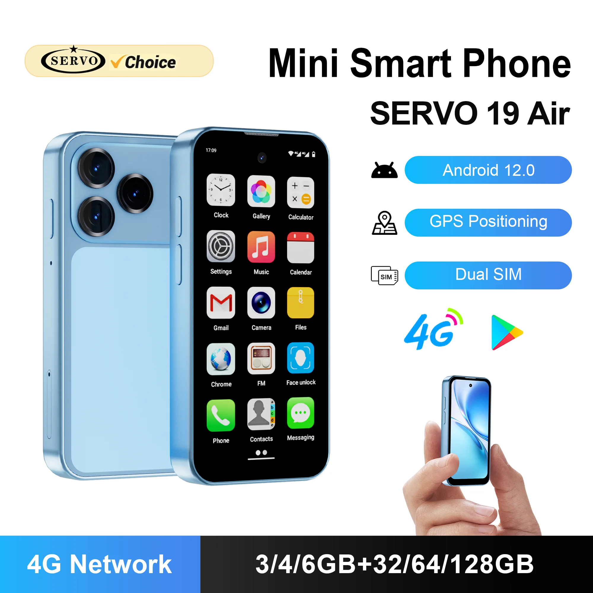SERVO 4G LTE Mini Smartphone 3.8" Android 12 3/4/6GB RAM 32/64/128GB ROM Dual SIM Face Unlock GPS OTG Pocket Backup Mobile Phone