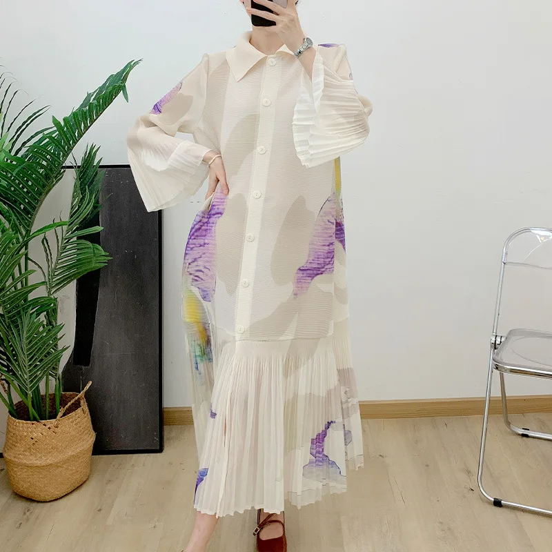 Miyake Pleated Breasted Cardigan 2024 Spring New Women\'s Printed Lapel and Flower Bud Sleeves Summer Women\'s Mid Length Dress