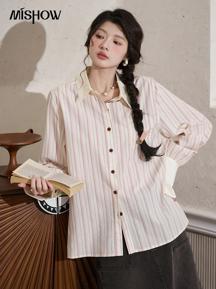 MISHOW 100 Cotton Striped Shirt Women 2024 Spring Retro Loose Pocket Polo Neck Resin Buckle Single Breasted Loose Top MXD14C0222