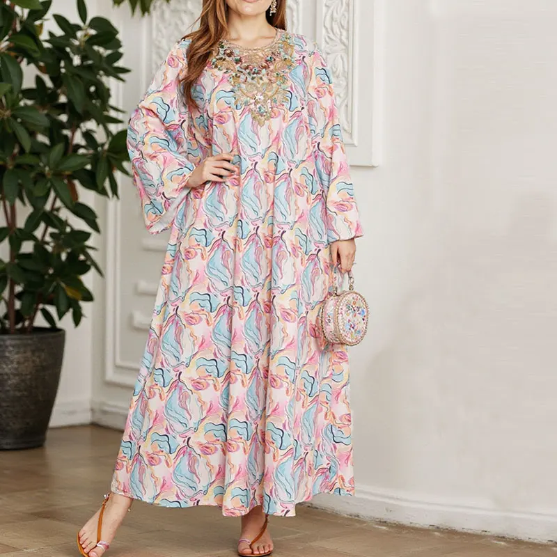 

Elegant Printed Long Sleeve round Neck Dress Casual Loose Lengthened Commuting Gown for Women Middle East Cross-Border
