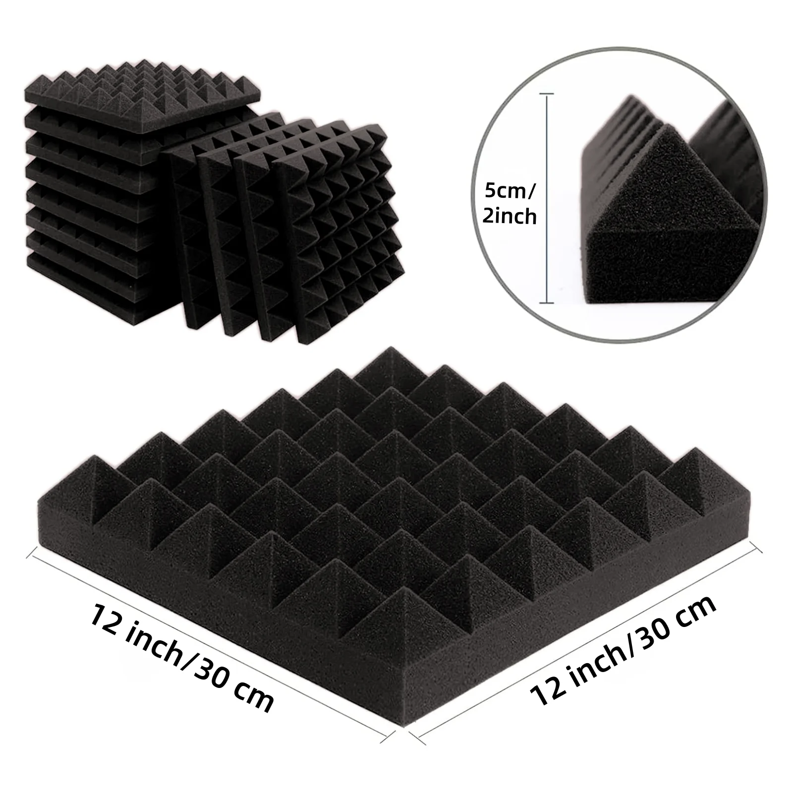 HERTBER - 12 Paneles Acústicos de Espuma en Forma de Pirámide Negra de 12x12x2 Pulgadas con Cintas Adhesivas de Doble Cara, Paneles Absorbentes de Sonido para Pared