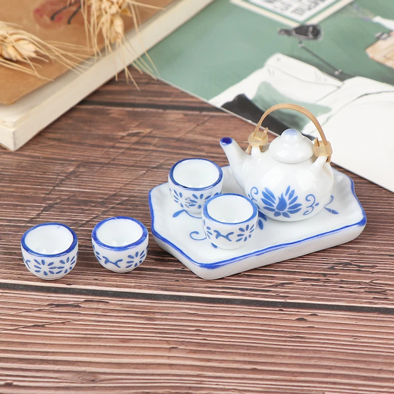 6Pcs Dollhouse Play Toy Gift Game Miniature Dining Ware Blue Porcelain Tea Set Ceramics Dishes Cups Plates Set
